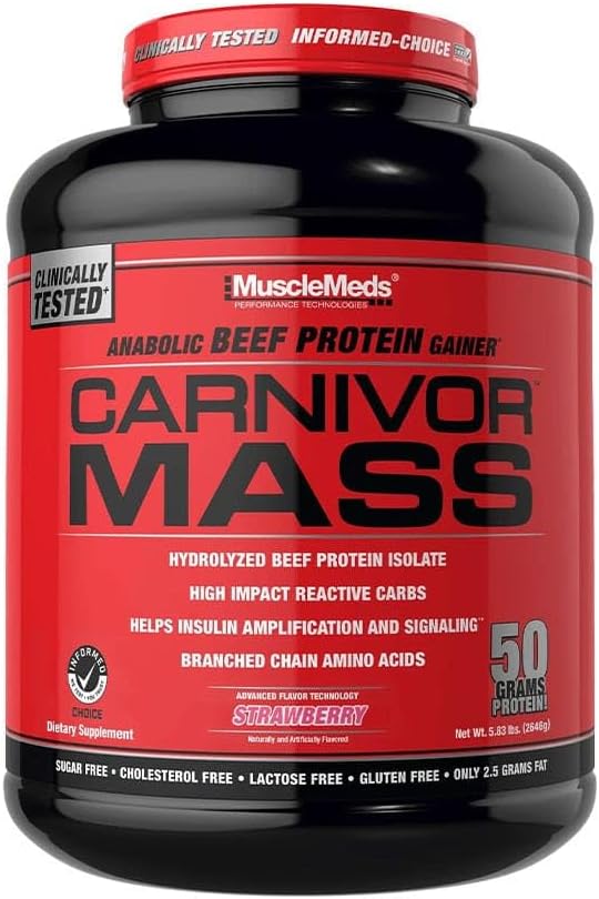 MuscleMeds Carnivor Mass Anabolic Beef Protein Gainer, Strawberry, 6 Pound