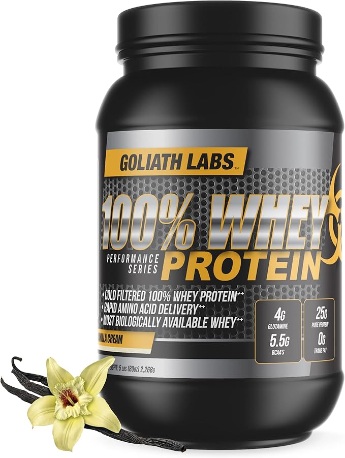 Goliath Labs 100% Whey Protein Powder Isolate/Blend | Fast-Absorbing Workout Supplements for Men and Women | 25g of Pure Protein and 5.5g of BCAAs in Each Serv | Vanilla, 5 lbs, 68 Servings