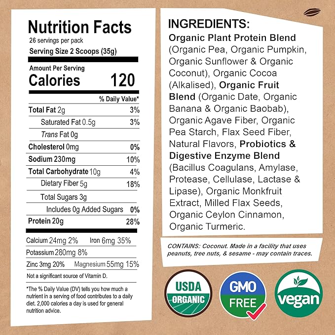 EarthChimp Organic Vegan Protein Powder - with Probiotics - Non GMO, Dairy Free, Non Whey, Plant Based Protein Powder for Women and Men, Gluten Free - 26 Servings 32 Oz (Chocolate)