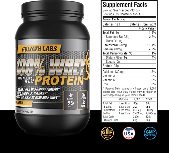 Goliath Labs 100% Whey Protein Powder Isolate/Blend | Fast-Absorbing Workout Supplements for Men and Women | 25g of Pure Protein and 5.5g of BCAAs in Each Serv | Vanilla, 5 lbs, 68 Servings