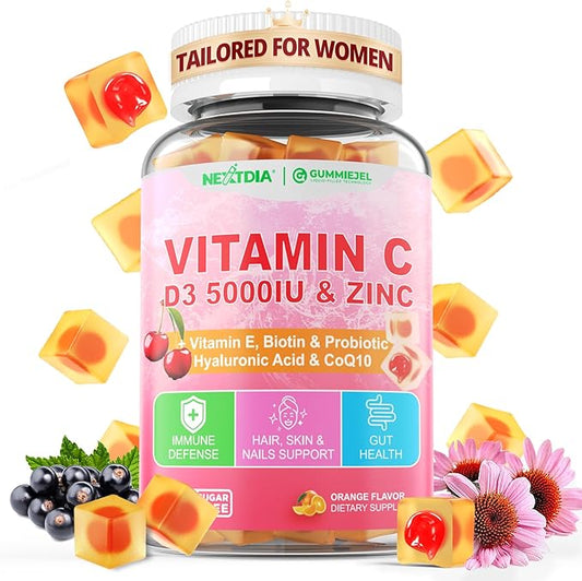 Vitamin C D3 5000IU Zinc Gummies Tailored for Women, Elderberry, Echinacea for Immune, Folate, Hyaluronic Acid, Copper, Vit E for Beauty, CoQ10 for Energy, Overall Health, Sugar Free,Chewable, Natural